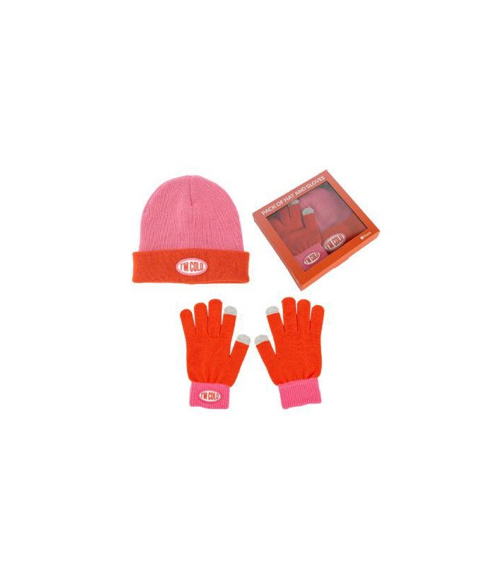 Pack de gorro y guantes “I’m cold” rosa y rojo