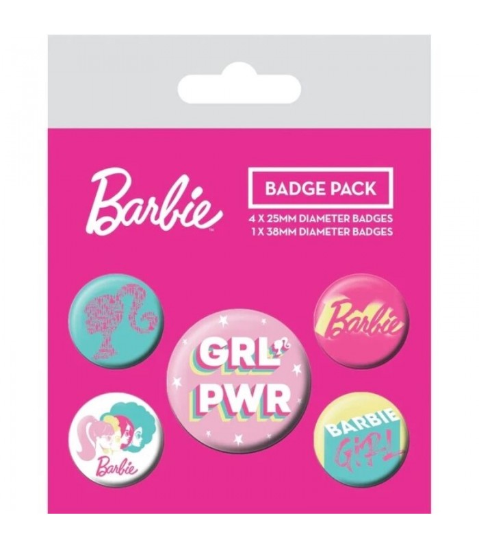 Set de 5 chapas Barbie GRL POWER 3 8 cm y 2 5cm